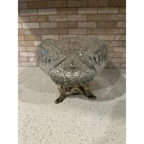 Hollywood Regency Pressed Glass Trinket Bowl Dish Brass Legs - Picture 4 of 5